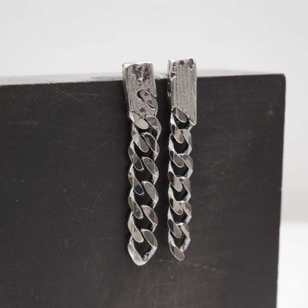 Maxi Chain Link Earrings are designed by casting thick 5mm curb chain in a mould with molten silver, finished with a darkening patina