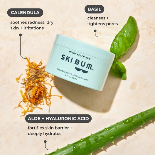 Ski Bum 's aloe, hyaluronic acid and squalane deliver long-lasting, skin-plumping hydration. Calendula, extracted from marigold flowers and packed with oxygenated monoterpenes and sesquiterpenes, soothes redness and irritations. Refreshing mint and basil cleanse and tighten pores.