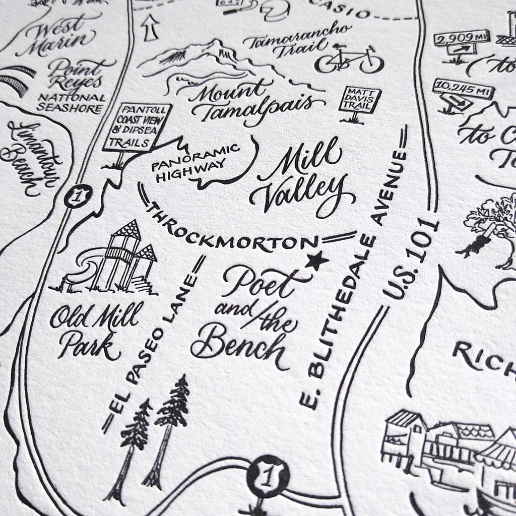 Day tripping through the North Bay to some of our fave places. This is the brand new letterpress version of our custom map of the North Bay for sale. It is stunning!  This is a detail of Poet and the Bench on El Paseo Lane.