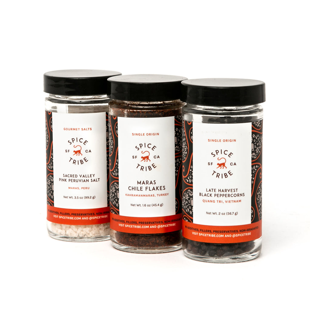 The Every Day box includes Sacred Valley Pink Peruvian Salt, Maras Chile Flakes, and Late Harvest Black Peppercorns.