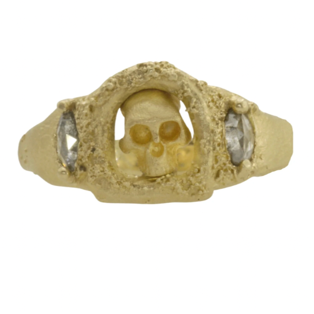 Skull Altar Ring with Salt and Pepper Diamonds. Skull is carved into this highly textured frame bookended by two diamonds