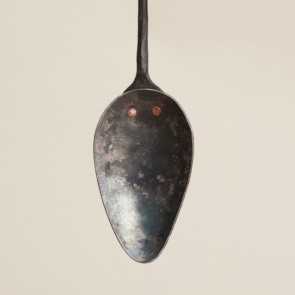 Spatula is 2-piece construction, hand forged by blacksmith Jorgen Harle in Oakland and riveted by metalsmith Kurtis Major to 1095 carbon steel with just the right amount of flex. 