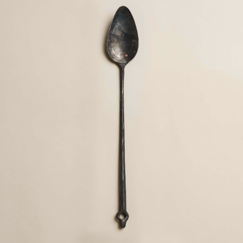 Spatula is 2-piece construction, hand forged by blacksmith Jorgen Harle in Oakland and riveted by metalsmith Kurtis Major to 1095 carbon steel with just the right amount of flex. 