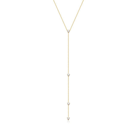 A gorgeous Y or lariat-style necklace in 14K yellow gold, rose gold or white gold. 4 round white diamonds are suspended along the lustrous gold chain. Shown in Yellow Gold.