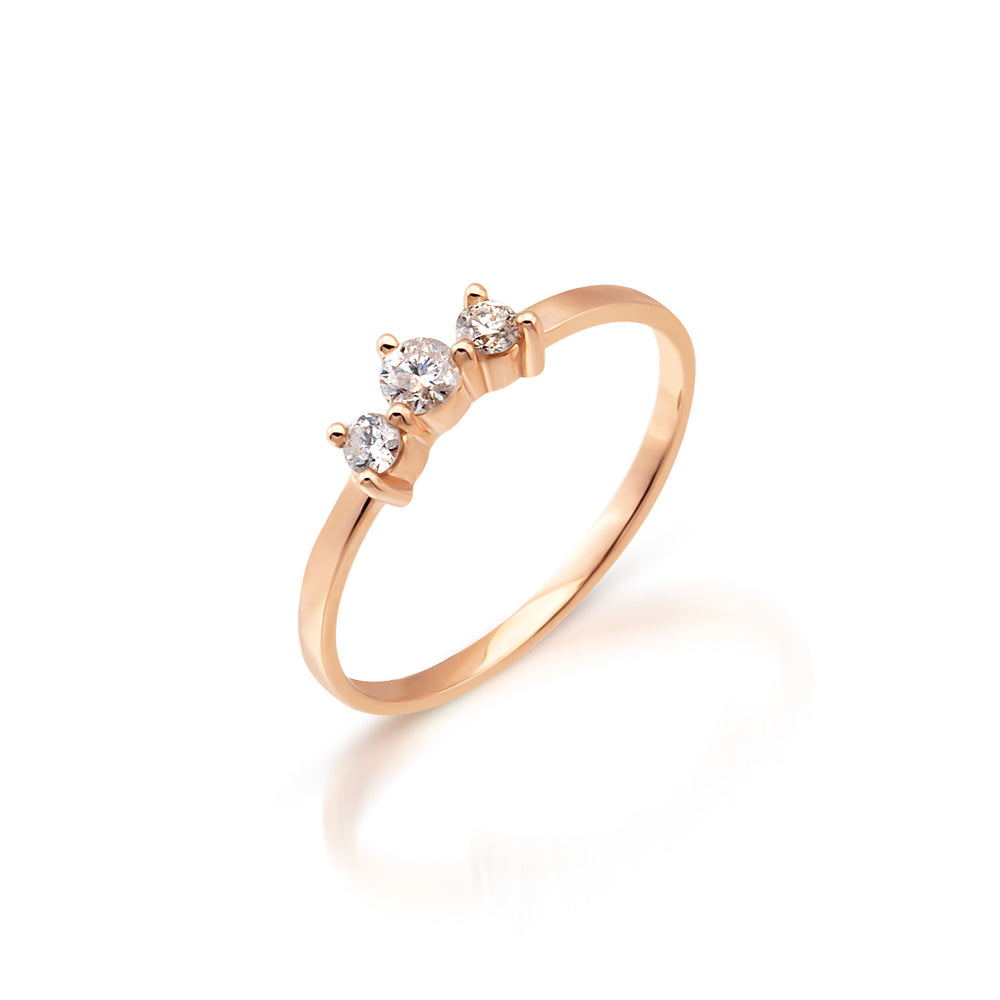 Delicate 3 diamond and 14K Rose Gold Stacking Ring Side View