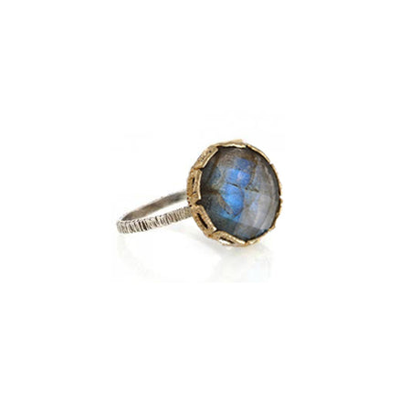 Danielle Welmond's Labradorite Ring in Yellow Gold Signature lace-like Frame and sterling silver textured band close up