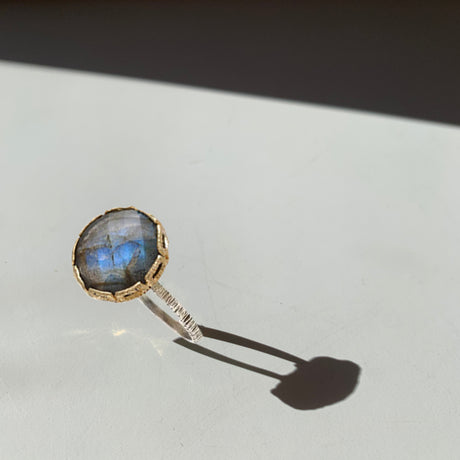 Danielle Welmond's Labradorite Ring in Yellow Gold Signature lace-like Frame and sterling silver textured band