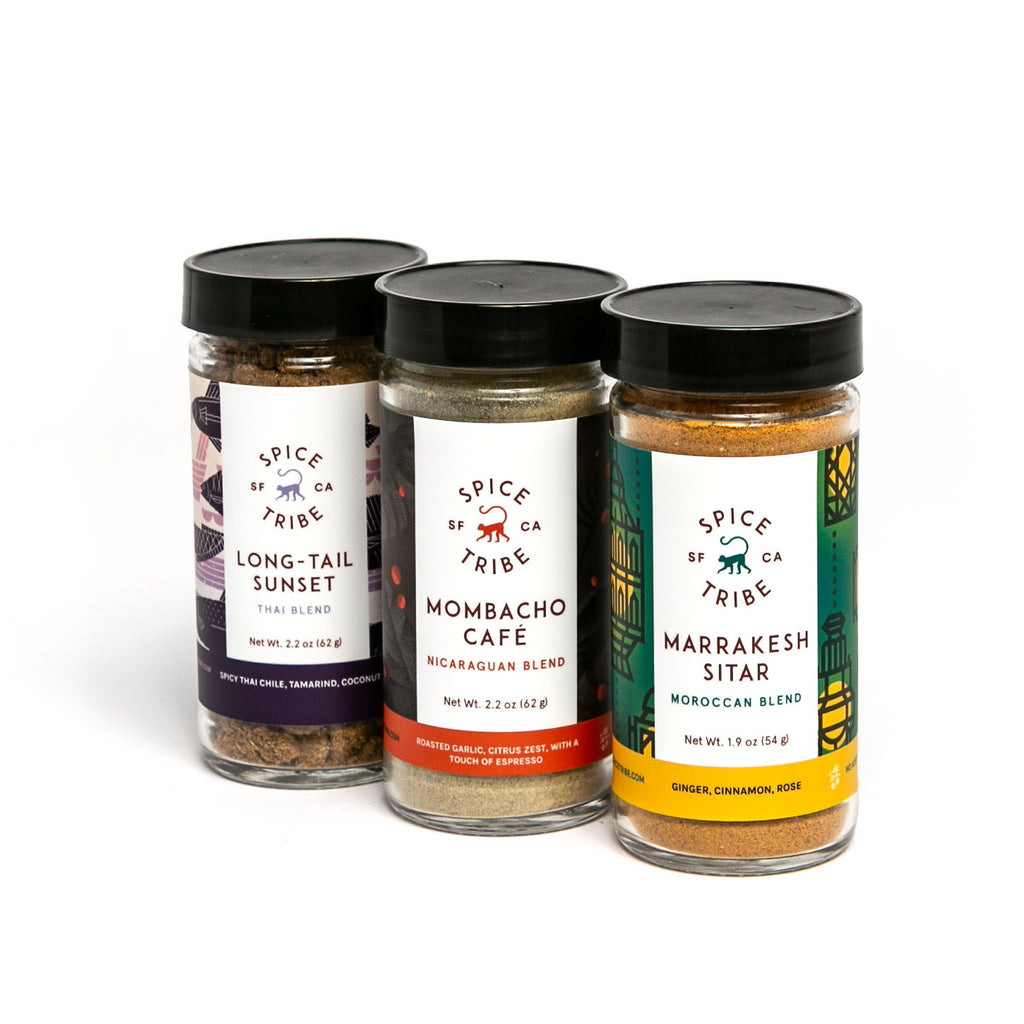 These are flavorful blends that will add so much depth to your recipes! Long Tail Sunset (a Thai blend that takes curry to another level), Mombacho Café (for the BBQ and braising lovers!), and Marrakesh Sitar (aromatic and sweet for tagines).
